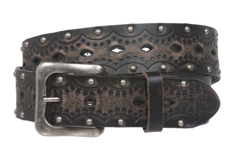 Beltiscool 1 1/2" Snap on Perforated Studded Vintage Embossed Solid Leather Jean Belt, Black | 48" - Image 1