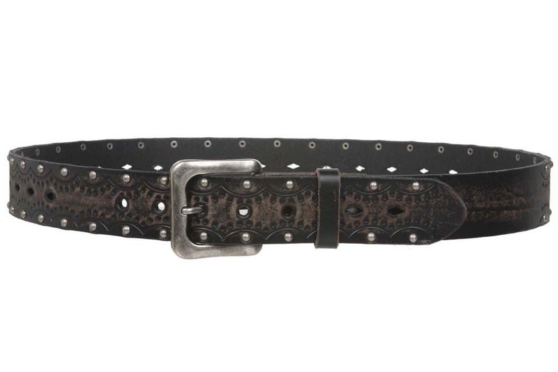 Beltiscool 1 1/2" Snap on Perforated Studded Vintage Embossed Solid Leather Jean Belt, Black | 48" - Image 3