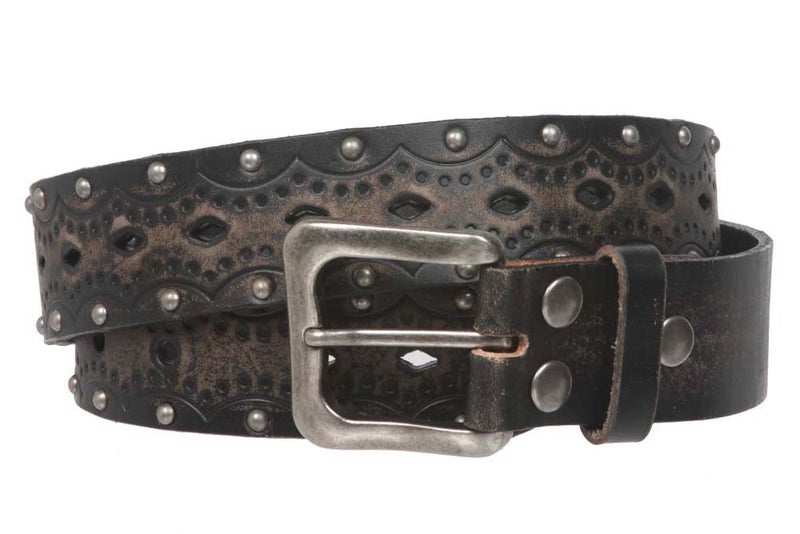 Beltiscool 1 1/2" Snap on Perforated Studded Vintage Embossed Solid Leather Jean Belt, Black | 48" - Image 2