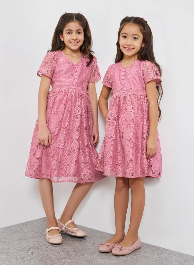 Styli Girls Pink Lace A-Line Knee-Length Dress