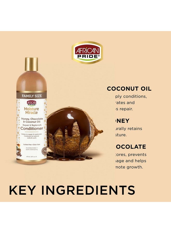 African Pride Moisture Miracle Honey Chocolate & Coconut Oil Conditioner Helps Repair & Replenish Moisture To Natural Coils & Curls Nourishes & Restores Sulfate Free Color Safe. 16Oz. - Image 4