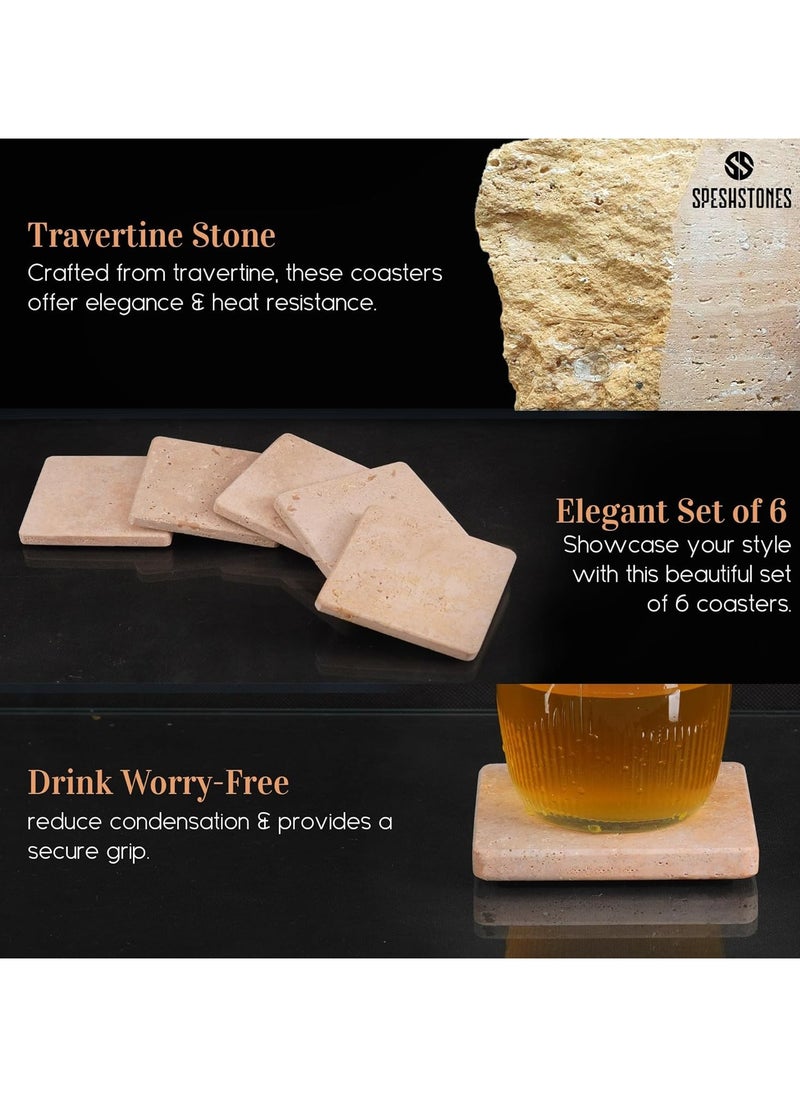 RADICALn Travertine Marble Coasters for Drinks - Handmade Coasters Set of 6 for Kitchen Decor - Sqaure Coasters for Coffee Table - Table Coasters  - Image 3