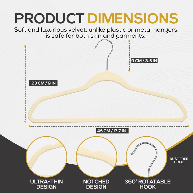 Techzoo 50 Pack New Premium Quality Velvet Hangers Ultra Thin Non Slip Adult Felt Space Saving Hangers for Closet Heavy Duty Coat Pants Jackets Dress Hangers 360Â° Swivel Hook Hold Upto 10 lbs Ivory - Image 2