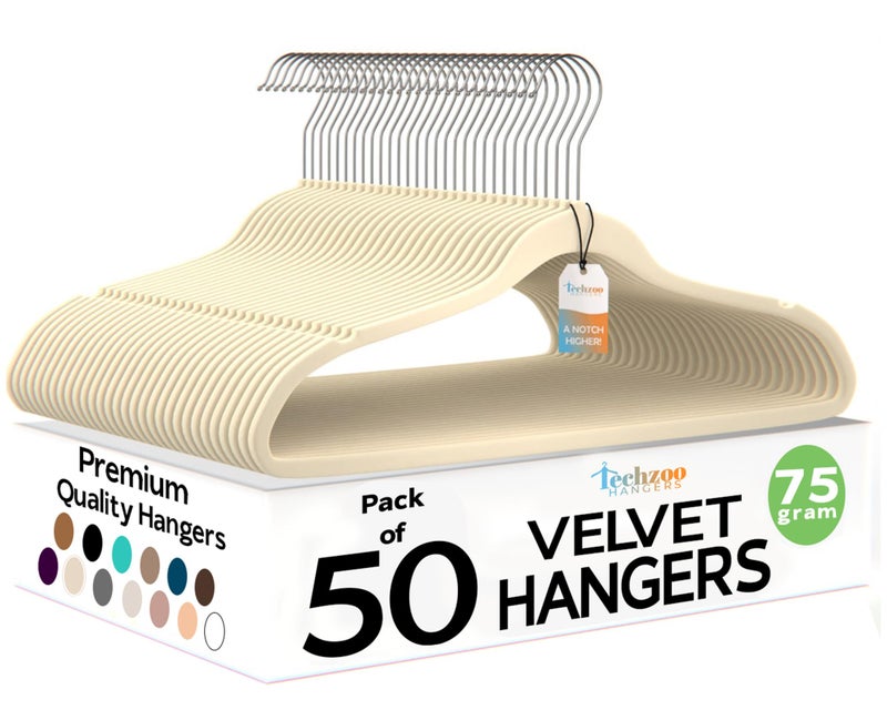 Techzoo 50 Pack New Premium Quality Velvet Hangers Ultra Thin Non Slip Adult Felt Space Saving Hangers for Closet Heavy Duty Coat Pants Jackets Dress Hangers 360Â° Swivel Hook Hold Upto 10 lbs Ivory - Image 1