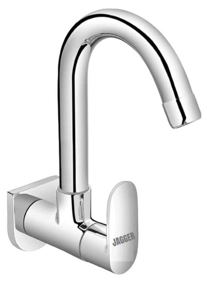JAGGER LAKS3246 Wall Mounted Kitchen Sink Cock Faucets Taps for Kitchen Sink/Basin Taps with Wall Flange & Teflon Tape, Chrome, Brass, Steel (Droop) - Image 1
