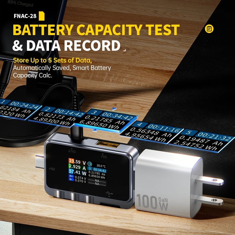 جهاز اختبار USB لقياس التيار 6 5A كشف ثنائي الاتجاه عالي الدقة 16 بت ADC جهاز اختبار الشحن السريع جهاز اختبار مقاومة الكابل عرض منحنى البيانات Type C USB A - Image 2