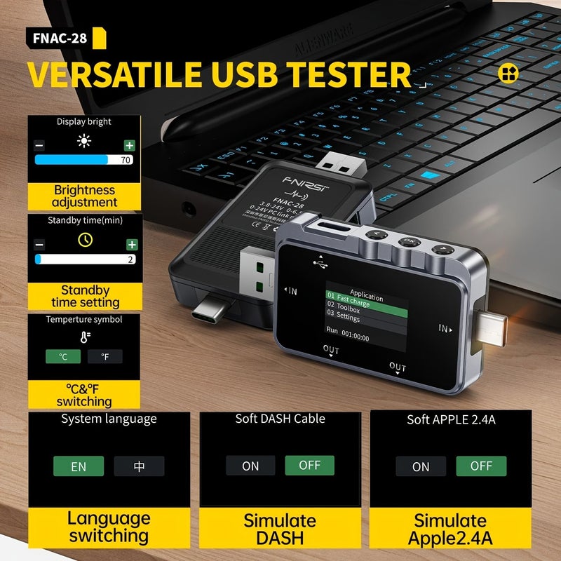 جهاز اختبار USB لقياس التيار 6 5A كشف ثنائي الاتجاه عالي الدقة 16 بت ADC جهاز اختبار الشحن السريع جهاز اختبار مقاومة الكابل عرض منحنى البيانات Type C USB A - Image 4