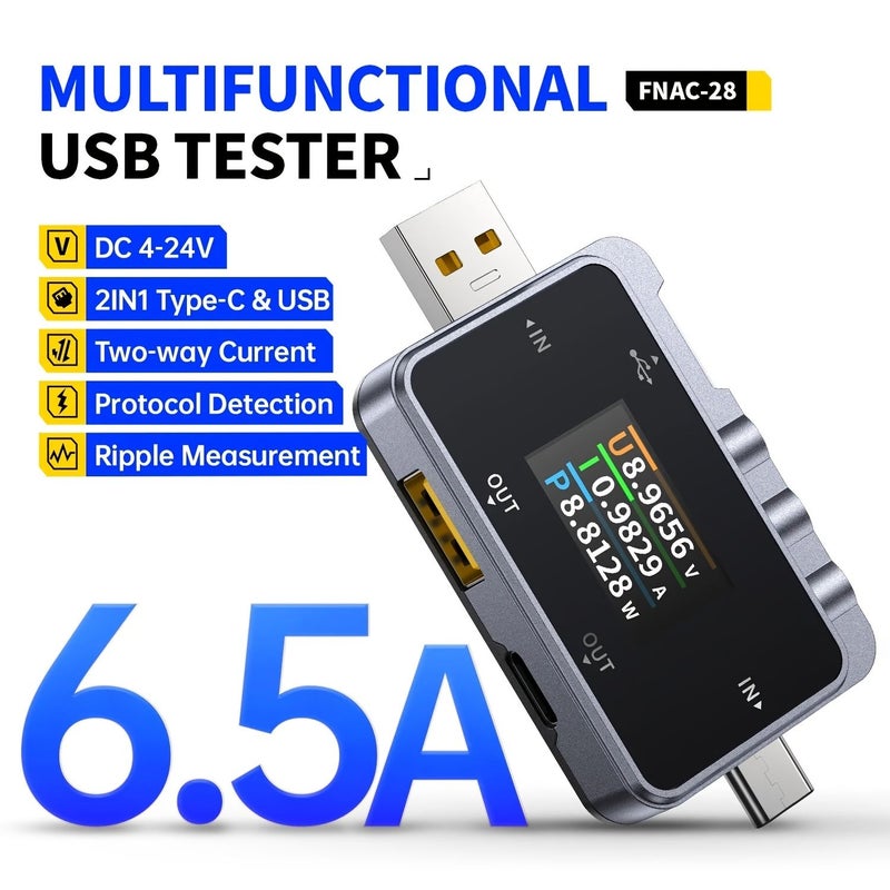 جهاز اختبار USB لقياس التيار 6 5A كشف ثنائي الاتجاه عالي الدقة 16 بت ADC جهاز اختبار الشحن السريع جهاز اختبار مقاومة الكابل عرض منحنى البيانات Type C USB A - Image 5