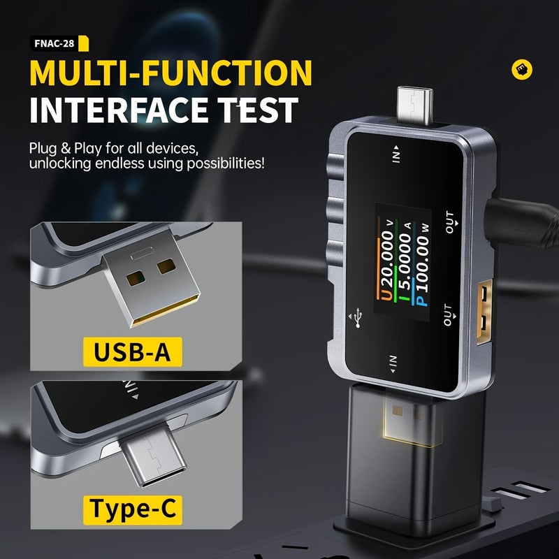 جهاز اختبار USB لقياس التيار 6 5A كشف ثنائي الاتجاه عالي الدقة 16 بت ADC جهاز اختبار الشحن السريع جهاز اختبار مقاومة الكابل عرض منحنى البيانات Type C USB A - Image 1