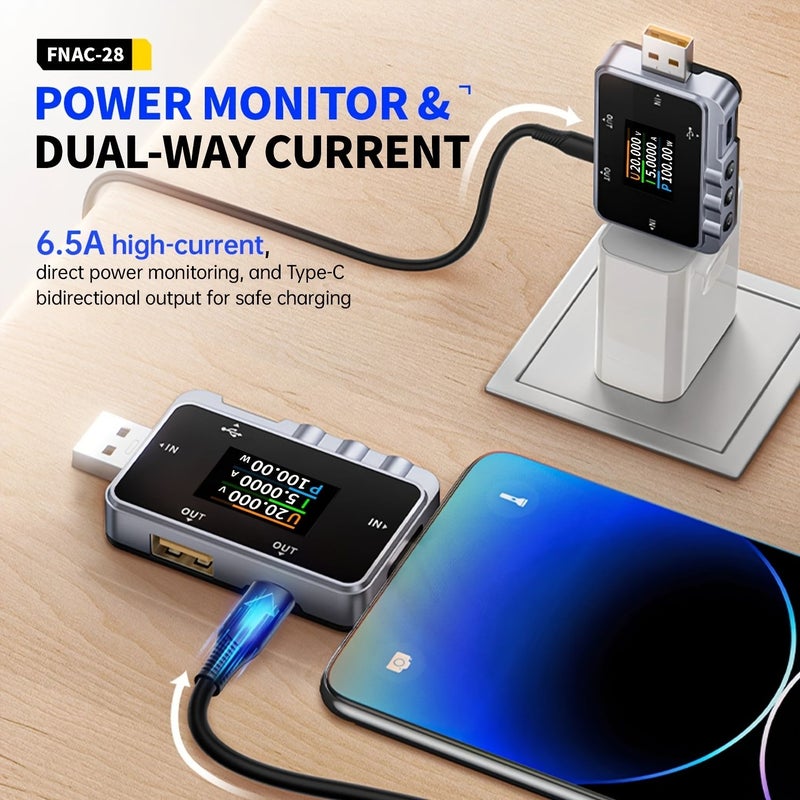 جهاز اختبار USB لقياس التيار 6 5A كشف ثنائي الاتجاه عالي الدقة 16 بت ADC جهاز اختبار الشحن السريع جهاز اختبار مقاومة الكابل عرض منحنى البيانات Type C USB A - Image 3