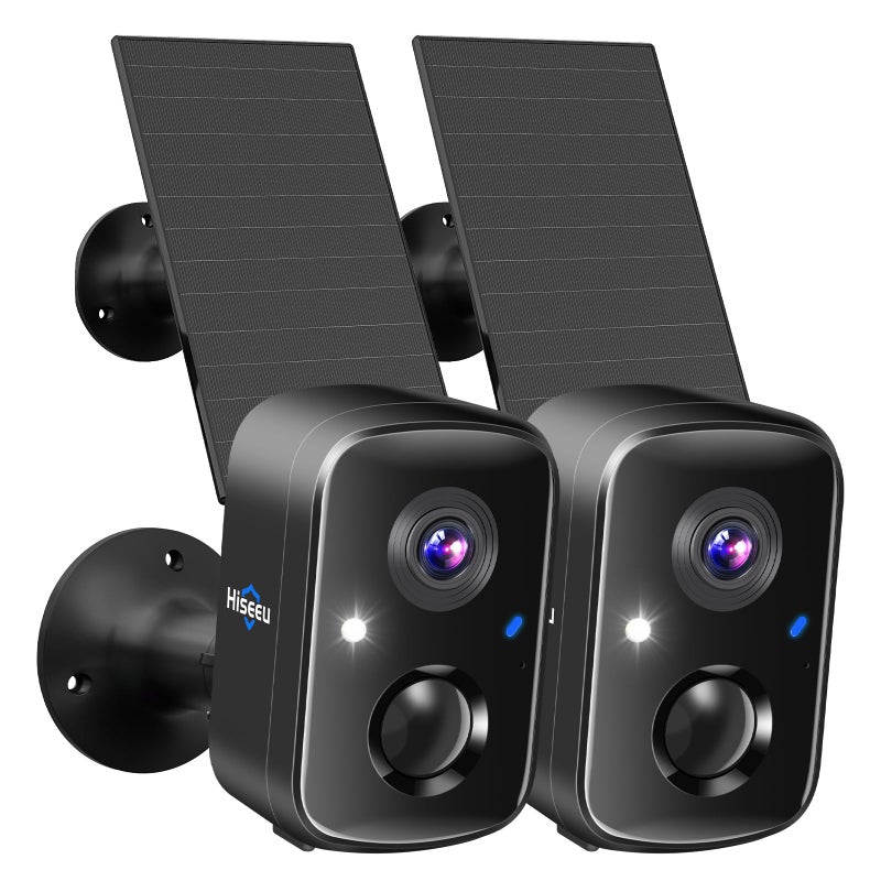 Hiseeu Security Cameras Wireless Outdoor 2pcs Solar Powered 3K 4MP Surveillance WiFi Cameras for Home Security Outside PIRAI Motion Detection Waterproof Color Night Vision 2Way Audio Black