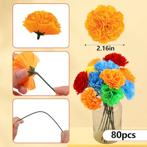 JMUQ 80Pcs Artificial Marigold Flowers 2inch Silk Marigolds with Stems Colorful Artificial Flowers for Diwali Home Decor Marigold Garland Day of The Dead Decorations - Image 3