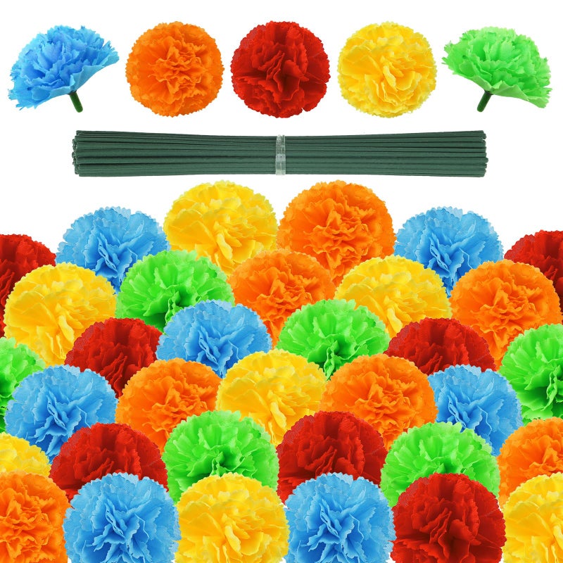 JMUQ 80Pcs Artificial Marigold Flowers 2inch Silk Marigolds with Stems Colorful Artificial Flowers for Diwali Home Decor Marigold Garland Day of The Dead Decorations - Image 2