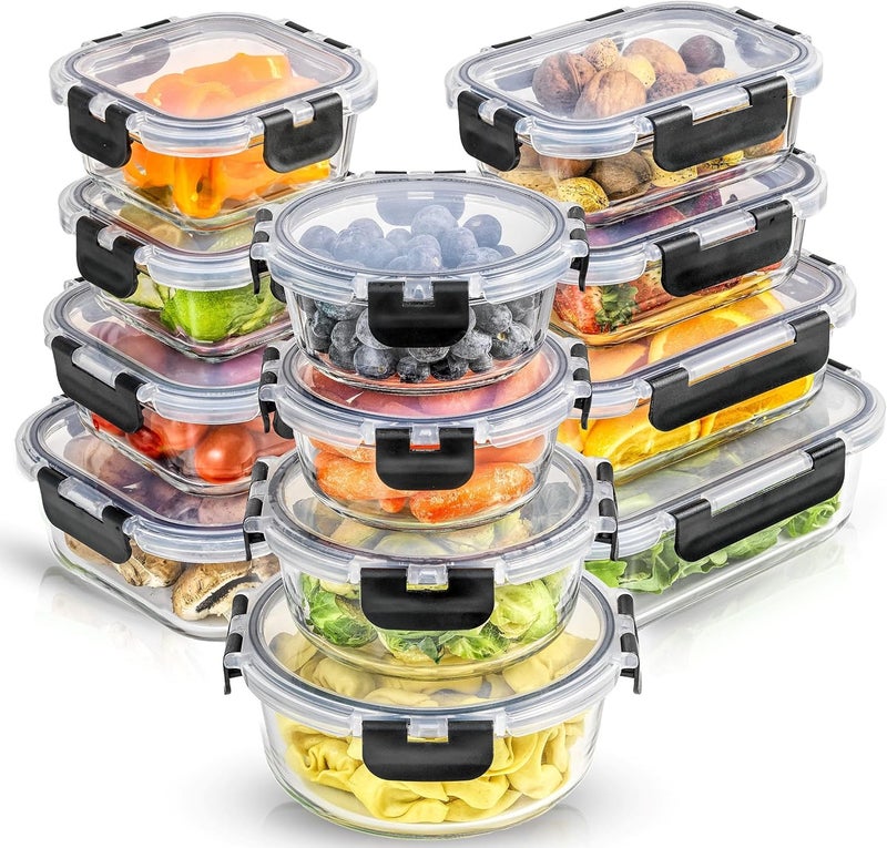 JoyJolt JoyFul by 24pc Borosilicate Glass Storage Containers with Lids. 12 Airtight, Freezer Safe Food Storage Containers, Pantry Kitchen Storage Containers, Glass Meal Prep Container for Lunch - Image 1