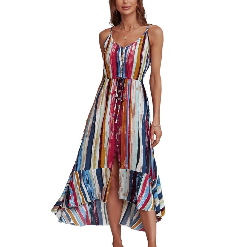 BROVAVE Women's 2025 Summer Casual Boho Sundress Polka Dot Spaghetti Strap V Neck Flowy Midi Dresses(008 Color Block, Large) - Image 1