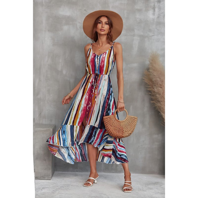 BROVAVE Women's 2025 Summer Casual Boho Sundress Polka Dot Spaghetti Strap V Neck Flowy Midi Dresses(008 Color Block, Large) - Image 3
