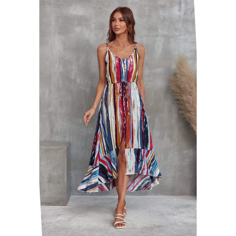 BROVAVE Women's 2025 Summer Casual Boho Sundress Polka Dot Spaghetti Strap V Neck Flowy Midi Dresses(008 Color Block, Large) - Image 2