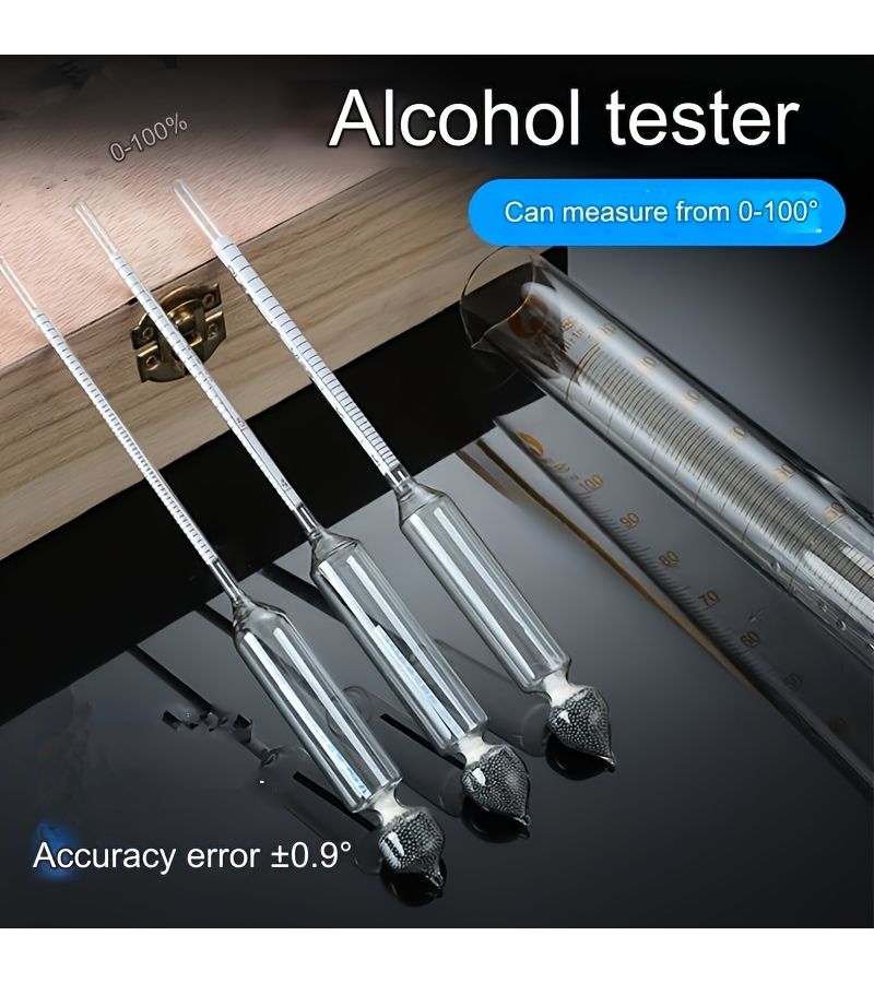 Zero To 100 Degree Alcohol Meter Set With Large Wooden Box And Three Glass Measuring Tubes For Home Brewing Concentration Test And Density Check - Image 3