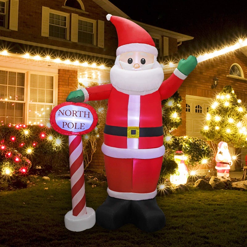 MorTime 8 FT Christmas Inflatable Santa Claus with Guidepost Blow up Lighted Giant Wave Santa Claus North Pole with LED Lights Yard Decoration Party Display for Xmas Outdoor Decorations