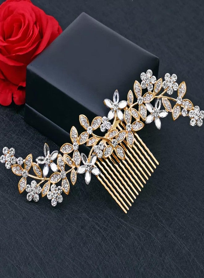 Peora Gold Plated Floral Cubic Zirconia Studded Hair Comb Slides Stylish Hair Accessories Jewellery for Women & Girls - Image 2