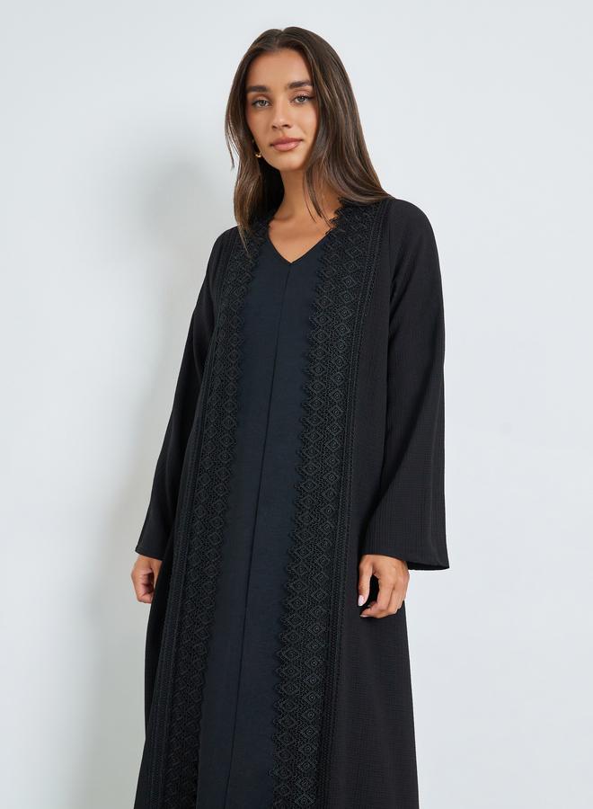 Amirah Black Front Open Abaya with Lace Trim - Image 2