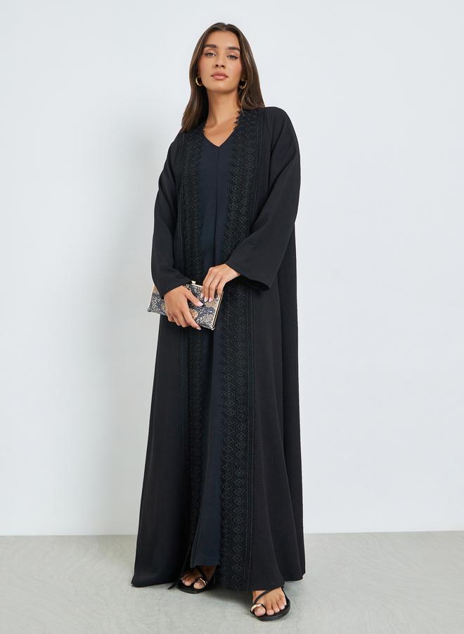Amirah Black Front Open Abaya with Lace Trim - Image 1