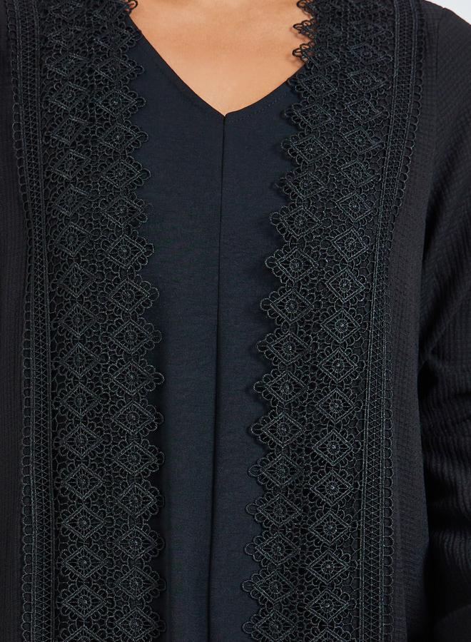 Amirah Black Front Open Abaya with Lace Trim - Image 4