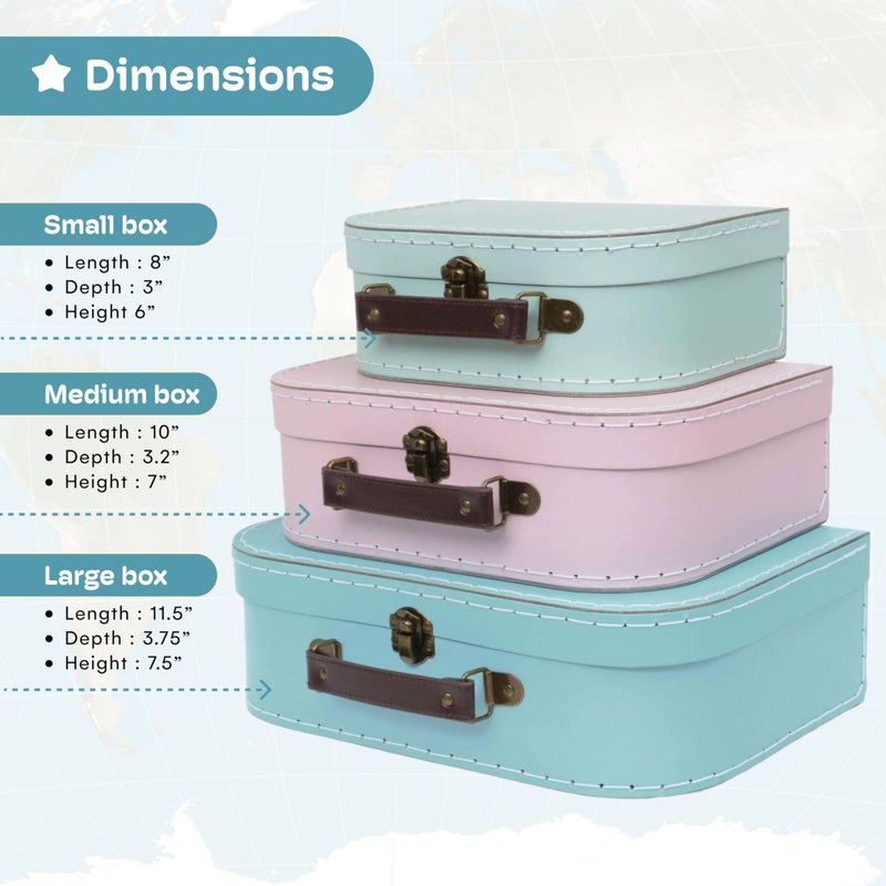 JewelKeeper حقائب جوايل كيبير من الورق المقوى - مجموعة من 3 صناديق تخزين زخرفية عتيقة - ديكور أمتعة ريترو لأعياد الميلاد، حفلات الزفاف، حضانة، أو عرض منزلي - مجموعة صناديق تخزين من الورق المقوى بألوان الباستيل - Image 3