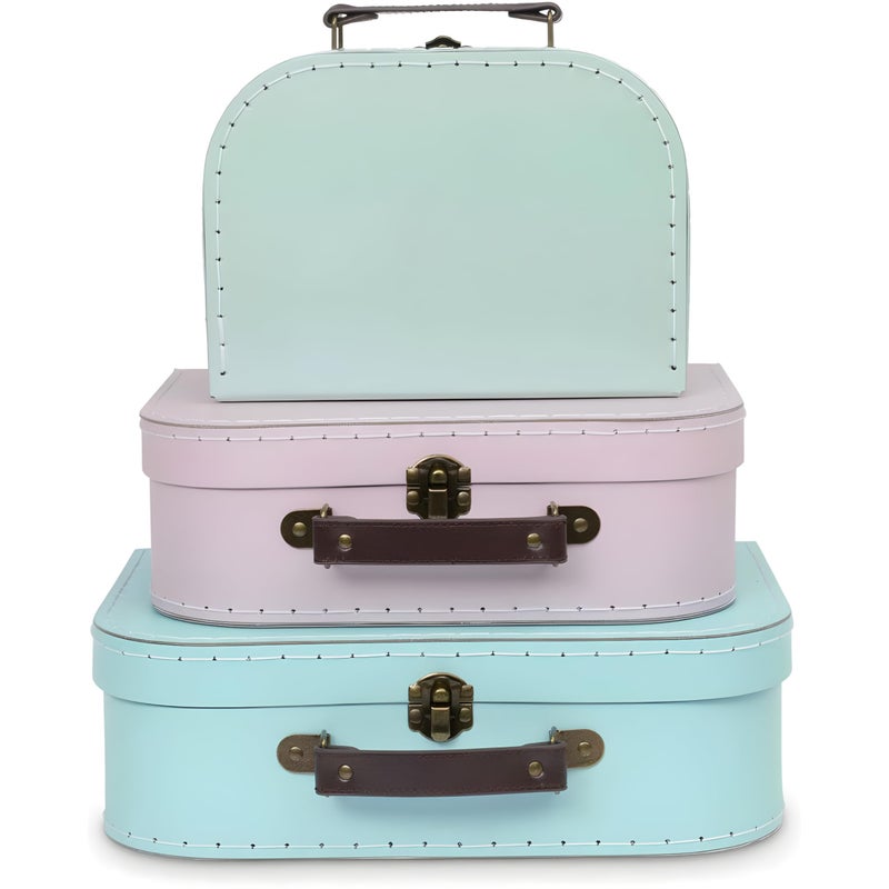 JewelKeeper حقائب جوايل كيبير من الورق المقوى - مجموعة من 3 صناديق تخزين زخرفية عتيقة - ديكور أمتعة ريترو لأعياد الميلاد، حفلات الزفاف، حضانة، أو عرض منزلي - مجموعة صناديق تخزين من الورق المقوى بألوان الباستيل - Image 1