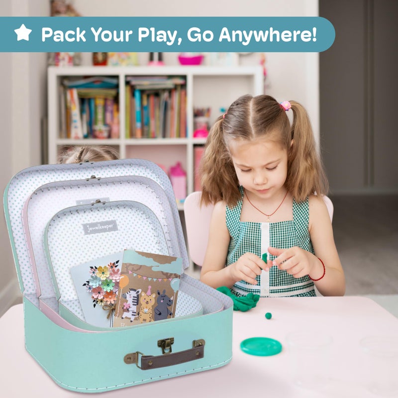 JewelKeeper حقائب جوايل كيبير من الورق المقوى - مجموعة من 3 صناديق تخزين زخرفية عتيقة - ديكور أمتعة ريترو لأعياد الميلاد، حفلات الزفاف، حضانة، أو عرض منزلي - مجموعة صناديق تخزين من الورق المقوى بألوان الباستيل - Image 4