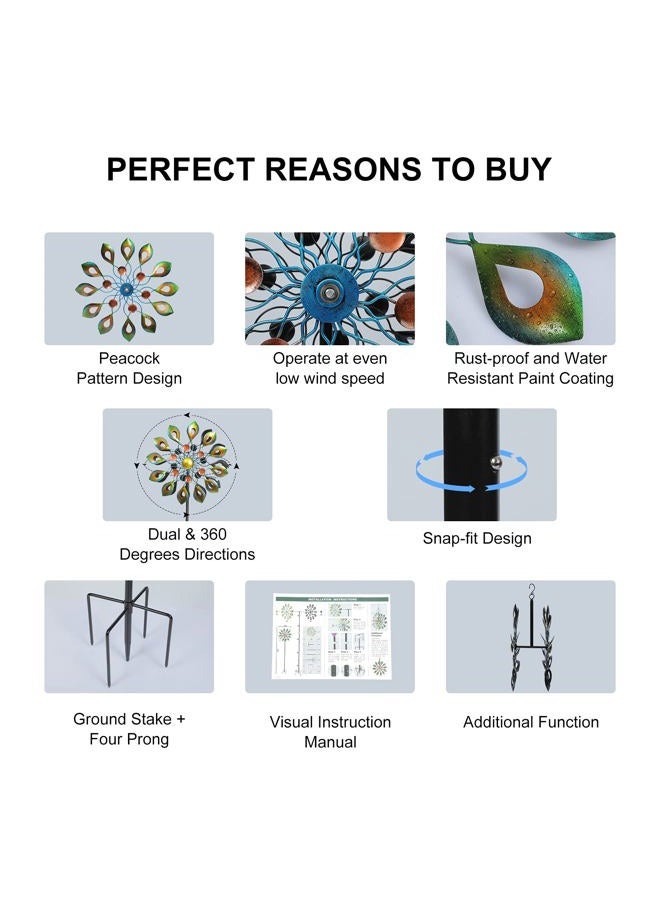 DIBIEECN Kinetic Wind Spinners with Garden Stake, Metal Windmill Garden Decorations, 360 Swivel Peacock Outdoor Wind Sculpture, 63 Inch Dual Direction Wind Catcher for Yard Art, Lawn, Garden Decor, Idea Gifts - Image 5