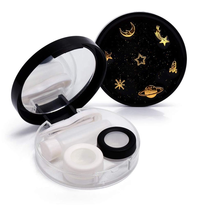 ofone Contact Lens Case Cute Moon And Stars Contact Holder Cases Kit with Lenses Remover Tool Tweezers Mirror Solution Bottle Portable Contacts Container Storage Box for Women Girl Black