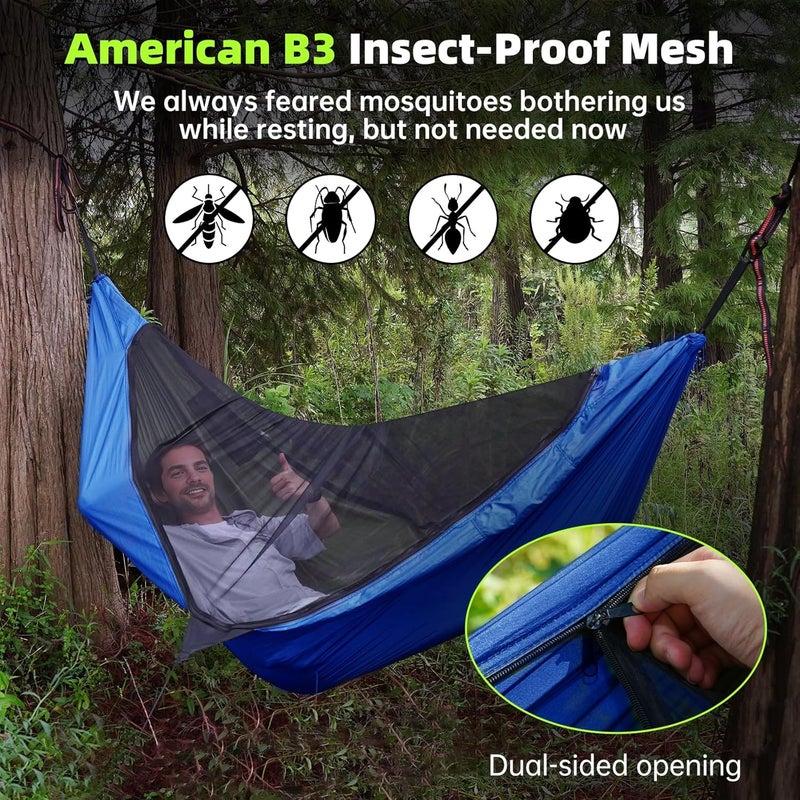 CROSSHIP Camping Hammock with Mosquito Net, 2 Person Hammock Tent, Portable, Parachute Nylon for Indoor, Outdoor, Hiking, Backpacking, Backyard, Beach, Travel (Hold Up to 500lbs)(Blue) - Image 2