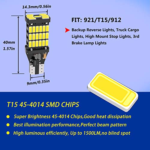 firiKer 4PCS Super Bright 921 T15 912 W16W LED Reverse Lights, Error Free 904 Led 921 Bulbs 45SMD-4014 Chipsets, 912 921 906 LED Car Bulbs For Car Truck Backup Reverse Lights, 1500 Lumens 6500K White - Image 2