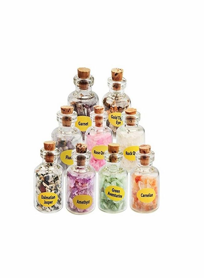 KASTWAVE Mini Glass Wishing Bottle Crystal Chips Chakra Healing Reiki Stone Set (9 Mini Bottles) - Image 1