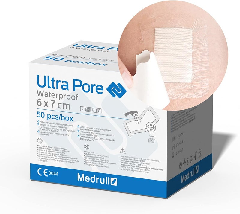 MEDRULL Set of 50 Self-adhesive Waterproof Wound Dressings 6 x 7 cm – Protects Against Cuts and Scratches – Ideal for Shower, Sports, Bathrooms - Image 1