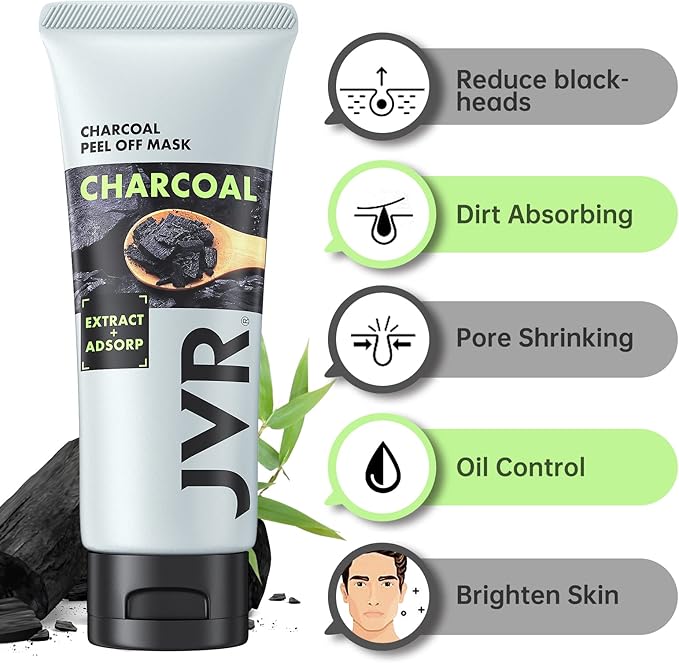 JVR Blackhead Remover Mask for Men Bamboo Charcoal Peel Off Black Masks Purifying Pores Deep Cleansing for All Skin Types 120g - Image 2