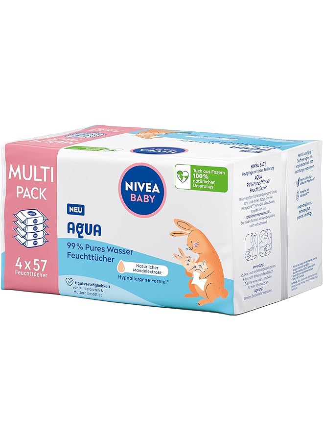 Nivea Baby Aqua Wet Wipes Baby Wipes For Gentle Cleaning Of Sensitive Skin Hypoallergenic And Fragrance Free Wet Wipes For Babies With 99% Water (4 X 57 Pieces)
