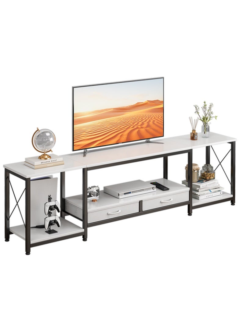 عنيد طاولة تلفزيون لأجهزة التلفزيون مقاس 60 و65 و70 بوصة مع درجين من القماش، طاوله تلفزيون مع أرفف تخزين مفتوحة، مكتبة تلفزيون متينة، طاولة تلفاز لغرفة المعيشة وغرفة النوم، بيضاء، 175 * 40 * 50 سم - Image 1