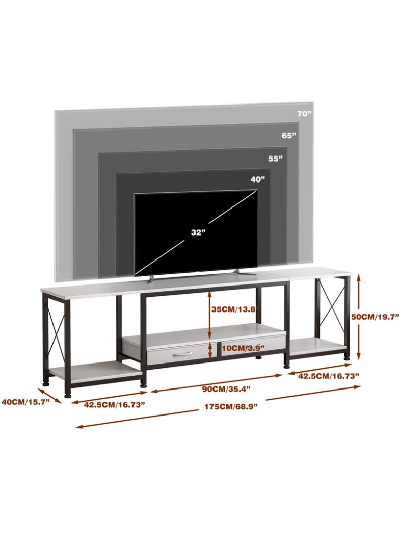 عنيد طاولة تلفزيون لأجهزة التلفزيون مقاس 60 و65 و70 بوصة مع درجين من القماش، طاوله تلفزيون مع أرفف تخزين مفتوحة، مكتبة تلفزيون متينة، طاولة تلفاز لغرفة المعيشة وغرفة النوم، بيضاء، 175 * 40 * 50 سم - Image 2