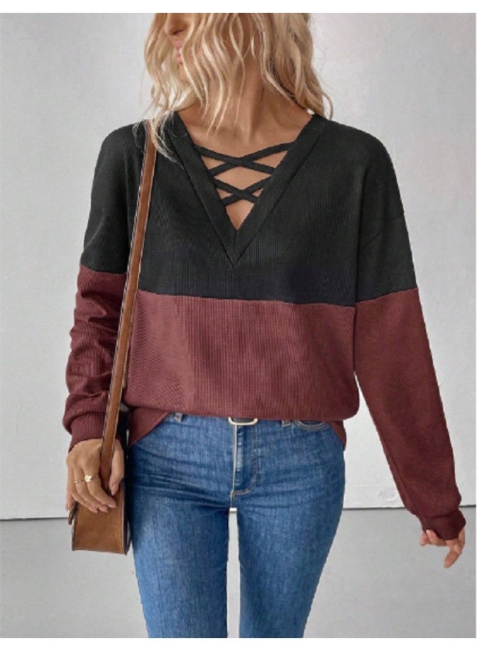 SHEIN  Women's Cross Collar Contrast Color Block Drop Shoulder Long Sleeve Casual Sweatshirt Pullover Fall Outfit - Image 5