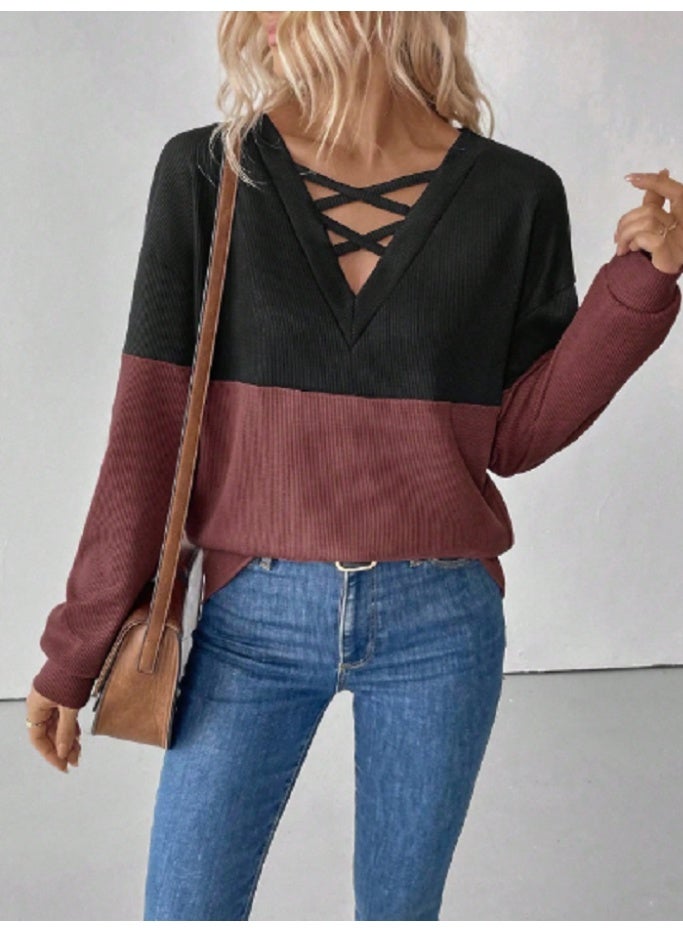 SHEIN  Women's Cross Collar Contrast Color Block Drop Shoulder Long Sleeve Casual Sweatshirt Pullover Fall Outfit - Image 2