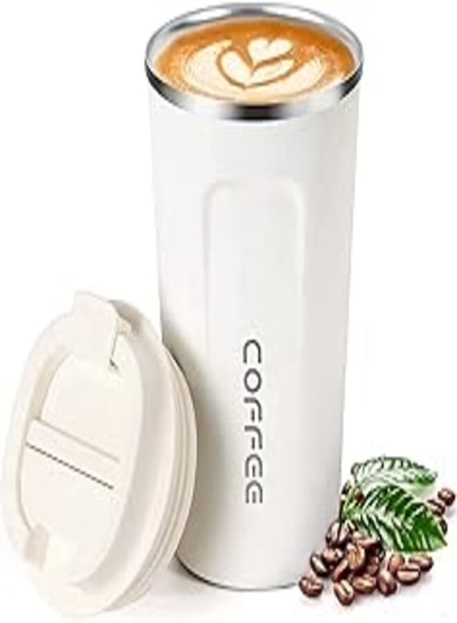 Bincoo Coffee Travel Mug, 17oz Vacuum Insulated Double Wall Stainless Steel Thermal Mug with Leakproof Lid, Reusable Coffee Cup for Hot/Ice Coffee,Tea,Beer,Beverage (White)