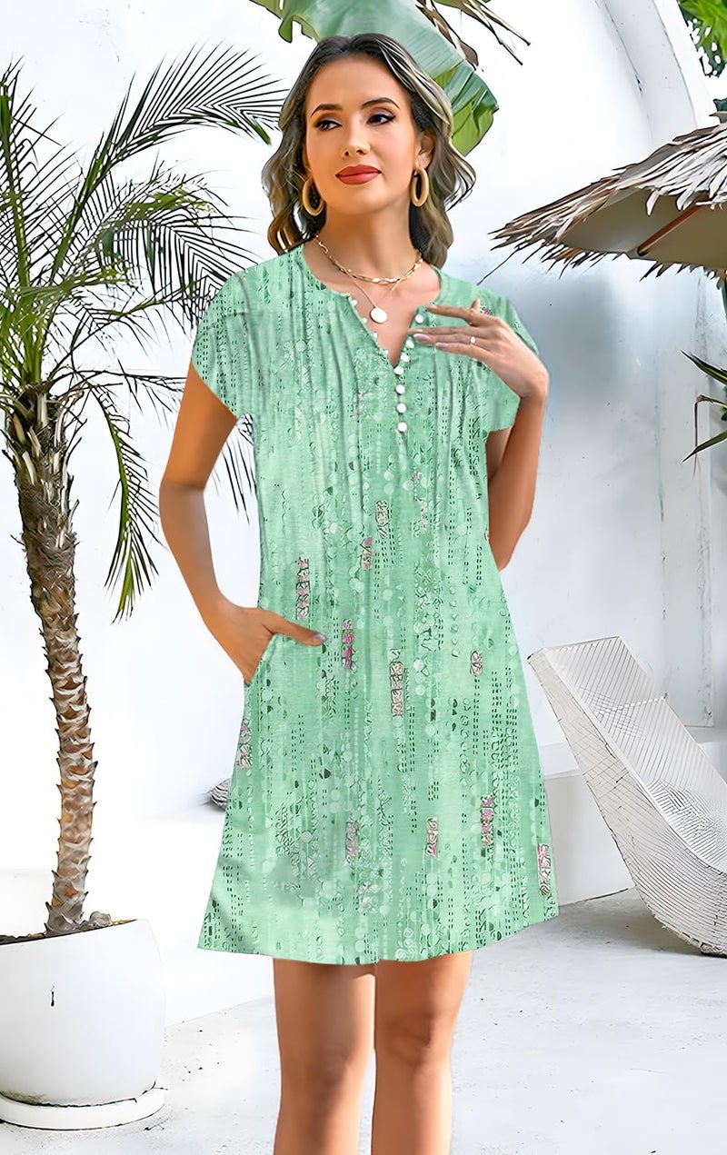 Disamer Womens Casual Dresses Short Sleeve Summer Dresses 2026 Boho Floral Beach Sundresses Spring A-Line Dress with Pockets,Dewdrop Green,Large - Image 1