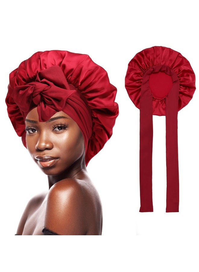 HAIMEIKANG - Satin Bonnet For Women Silk Hair Bonnets For Sleeping Large Bonnets With Tie Band Night Cap Sleep Cap For Women Curly Night Cap(Claret) - Image 1