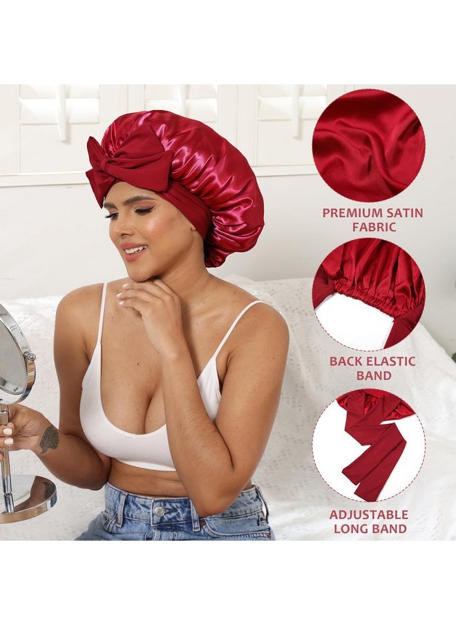 HAIMEIKANG - Satin Bonnet For Women Silk Hair Bonnets For Sleeping Large Bonnets With Tie Band Night Cap Sleep Cap For Women Curly Night Cap(Claret) - Image 1
