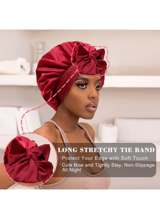HAIMEIKANG - Satin Bonnet For Women Silk Hair Bonnets For Sleeping Large Bonnets With Tie Band Night Cap Sleep Cap For Women Curly Night Cap(Claret) - Image 1
