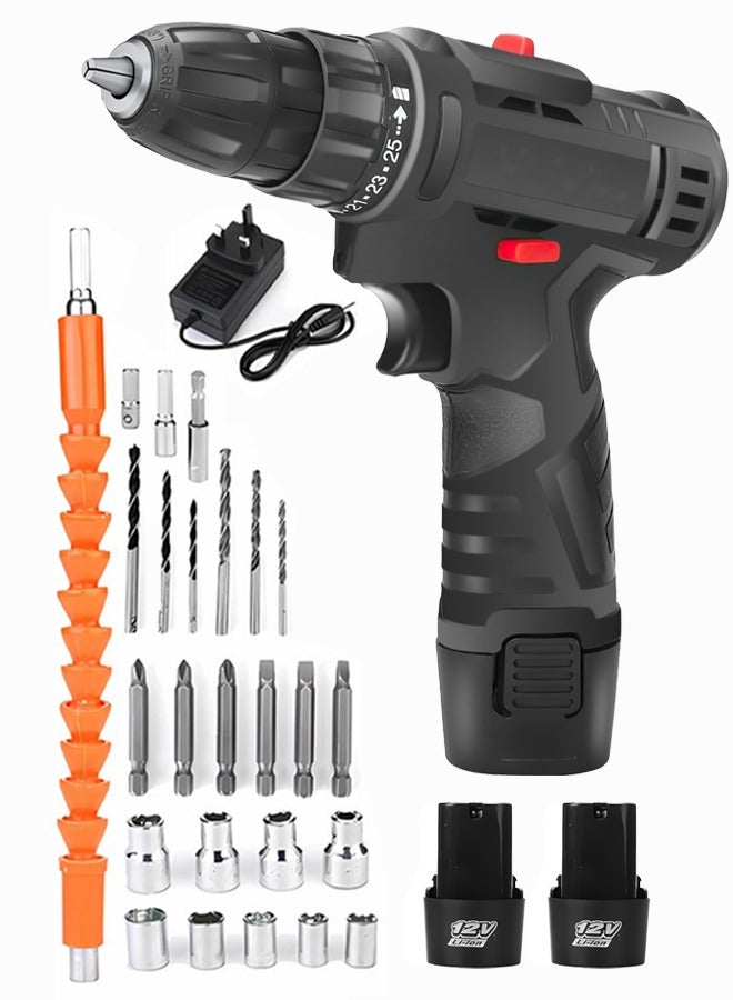ALongDeng 12V Cordless Drill Set Power Drill with 2 Battery and Charger Electric Drill 3/8 Keyless Chuck with 24 Accessories 2 Speed 25 Position Compact Drill Driver Kit for Home DIY Project - Image 1