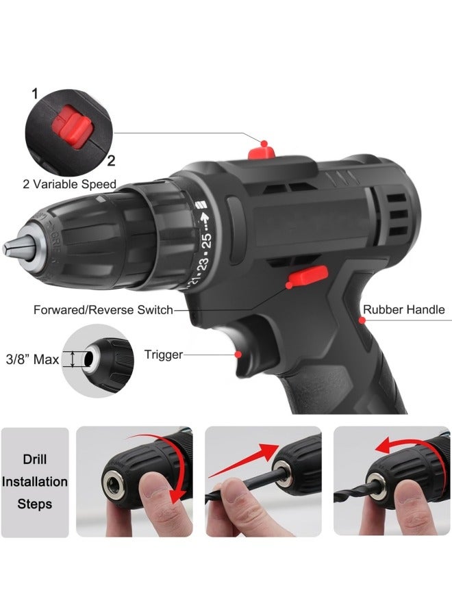 ALongDeng 12V Cordless Drill Set Power Drill with 2 Battery and Charger Electric Drill 3/8 Keyless Chuck with 24 Accessories 2 Speed 25 Position Compact Drill Driver Kit for Home DIY Project - Image 3