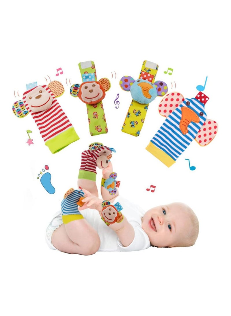 VIUAUAX Baby Wrist Rattles Toys 0-3-6-12 Months & Foot Sock Rattle Toy, Monkey, Elephant, 4 PiecesInfant Cartoon Animal Wrist Rattles Rattle Socks New Style Toddler Wristband Sock Sets - Image 1